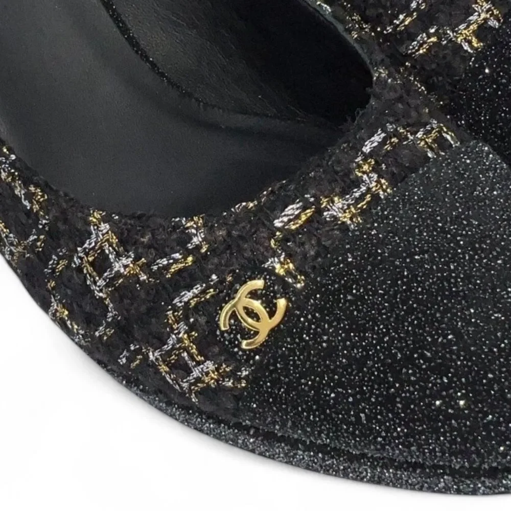 Authentic CHANEL Black CC Logo Cap Toe Block Heel Slingback Sandals Size…